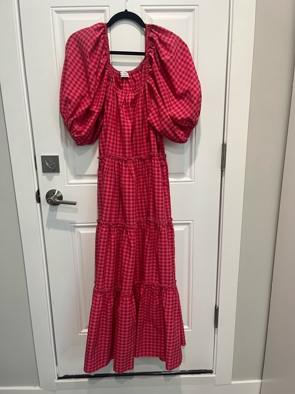 Red Gingham Maxi Dress with Puff Sleeves
